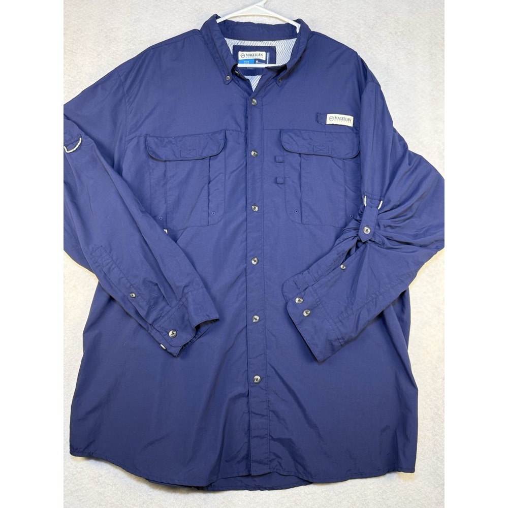 Magellan Outdoors Fish Gear Button‎ Up Shirt Men XL Blue Long Sleeve Relaxed Fit